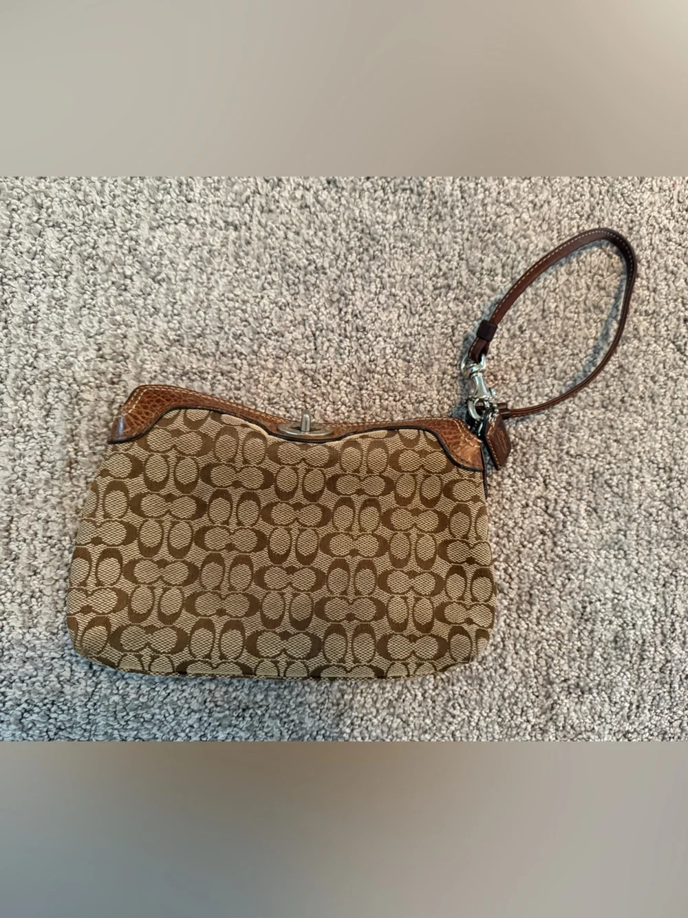 Coach Signature Wristlet in Brown and Tan